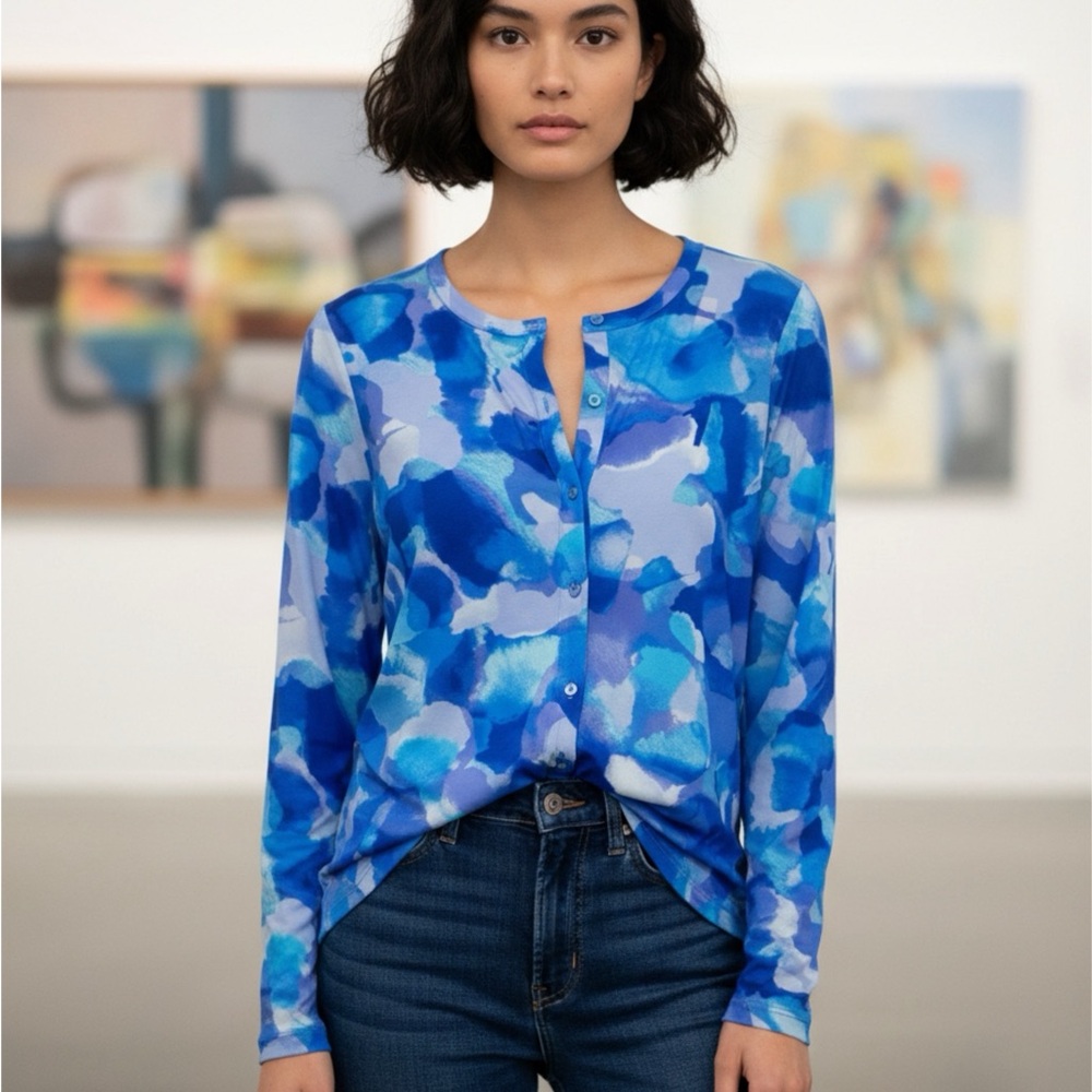 Logo by Lori Goldstein Cobalt Blue Watercolor Abstract Mesh Button Down  Top